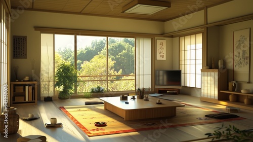 Japanese living room. The room is very clean and has a very peaceful and calming atmosphere.