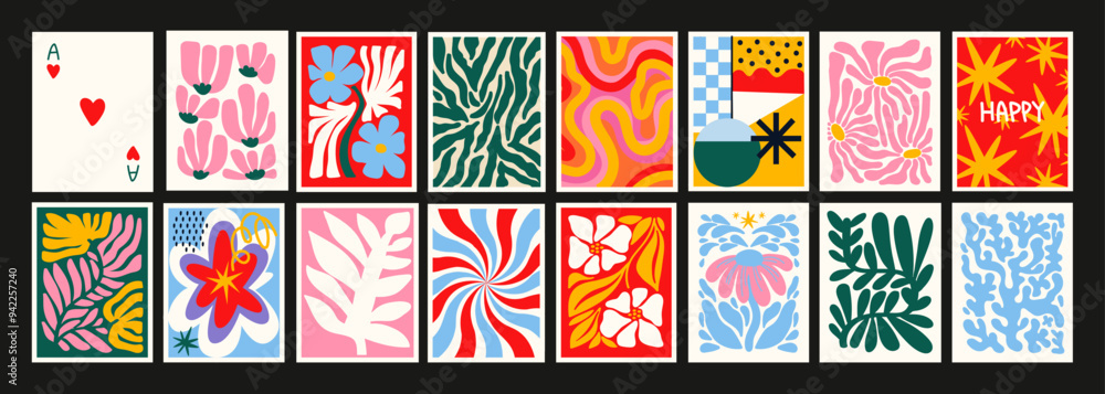 90s groovy posters. Cartoon psychedelic style. Bright hippie abstract retro elements. Trip landscapes,leaf, flowers, trip wave. Vector doodle collection	