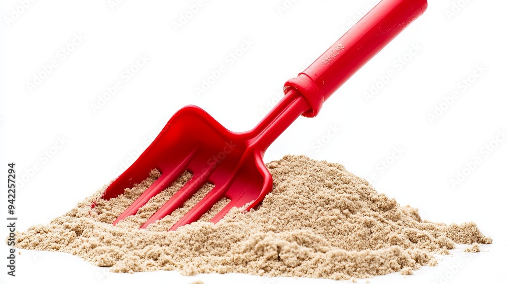 Red plastic shovel and rake placed in sand, a beach toy set isolated on a white background, viewed from the top. Red plastic shovel and rake placed in sand, a beach toy set isolated on a white background, viewed from the top.