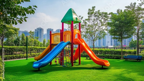 A colorful and exciting playground machine in a small children's play area, set in a backyard with green grass in the city.