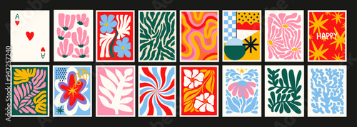 90s groovy posters. Cartoon psychedelic style. Bright hippie abstract retro elements. Trip landscapes,leaf, flowers, trip wave. Vector doodle collection	