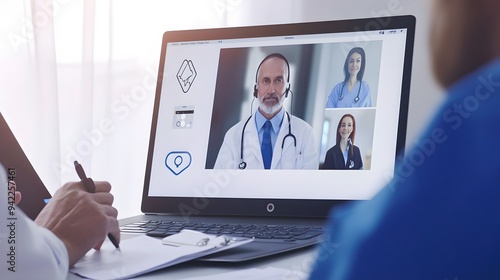 A doctor listens to a patient on a video call. 