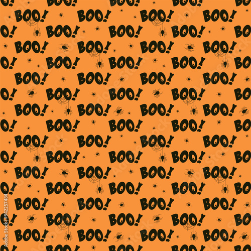 Seamless Halloween illustration with threatening inscriptions Boo and spiders on a bright orange background. Print on wrapping paper, greeting cards, textiles, backgrounds.