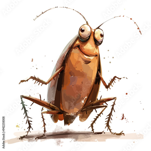 Watercolor vector of a cartoon cockroach, isolated on a white background, cockroach animation