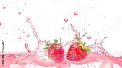 Two Strawberries Splashing in Pink Liquid