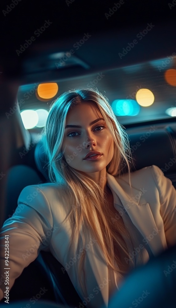 Elegant businesswoman traveling at night in the backseat of a luxury car after work Elegant businesswoman traveling at night in the backseat of a luxury car after work