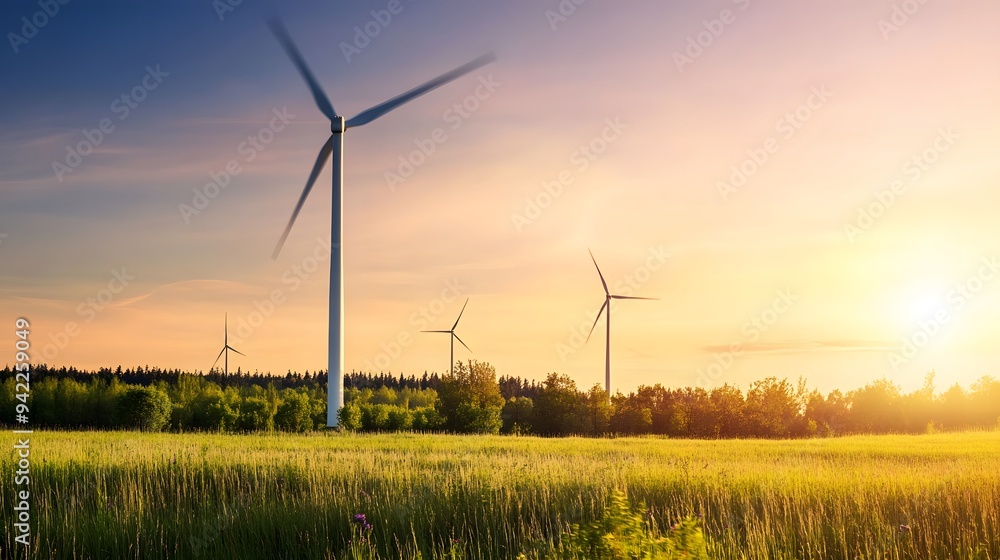 Obraz premium Wind turbines stand tall against a vibrant sunset.