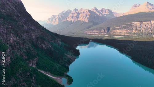 Rocky Mountains, Canada. Top cinematic aerial view. Chephren Lake, Jasper National Park, Alberta. 4K drone footage. Canadian wild nature and landscape from above