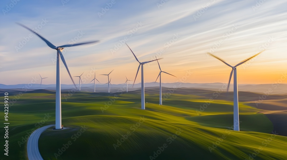 Fototapeta premium Wind turbines stand tall in a field of green hills at sunset.