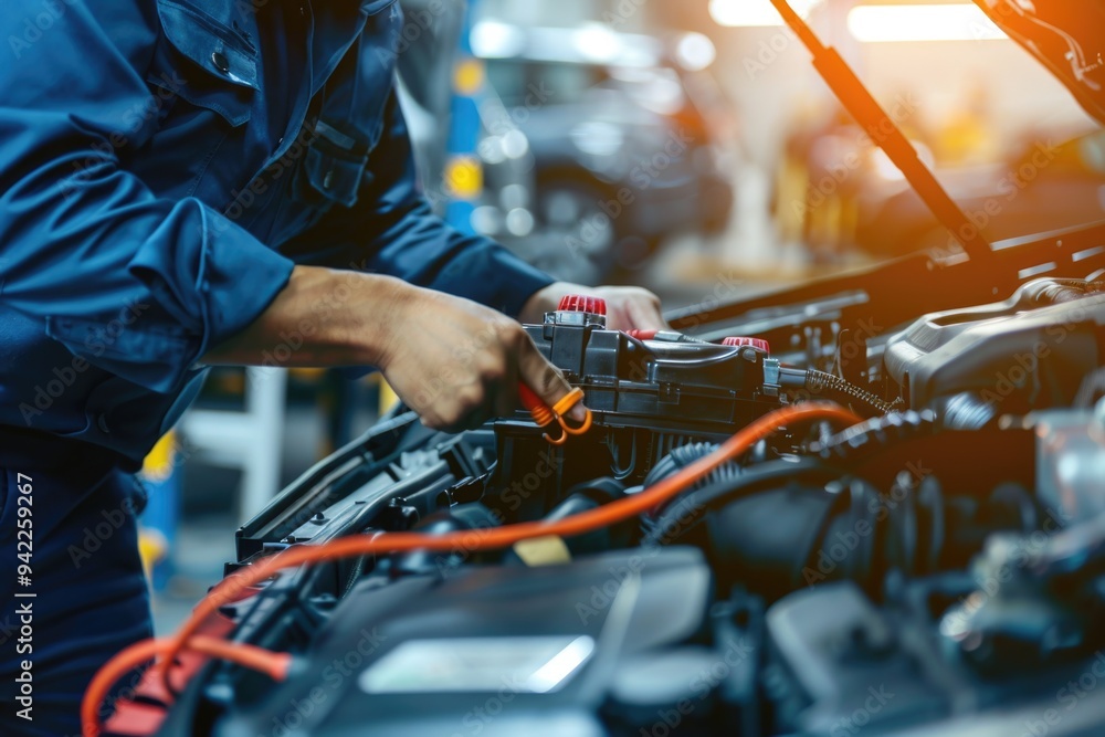A mechanic tinkers with a car engine in a well-lit garage A mechanic tinkers with a car engine in a well-lit garage