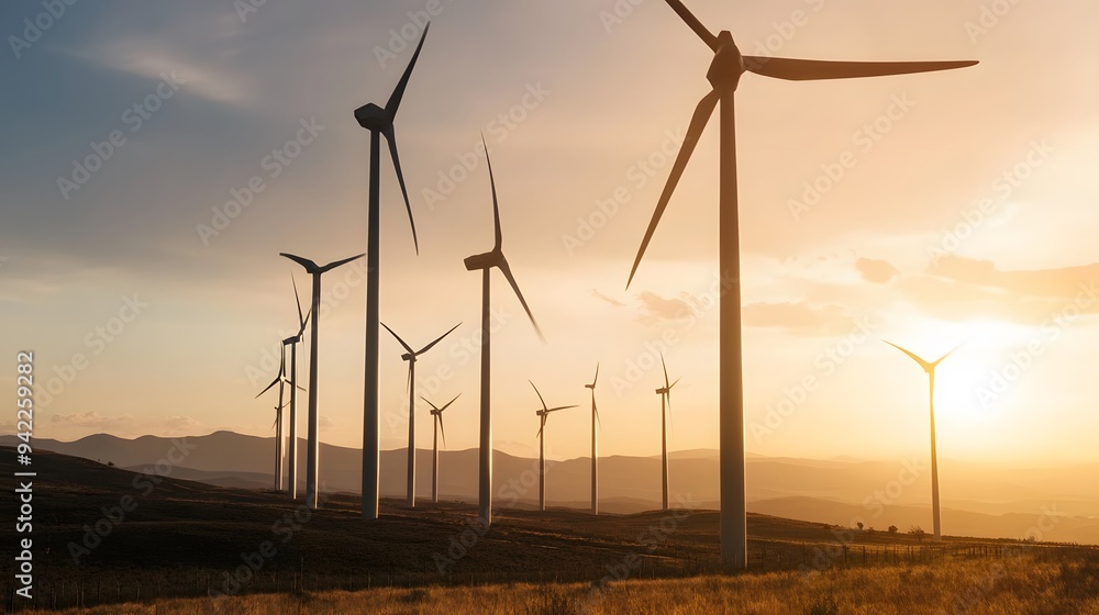 Wind turbines stand tall against a golden sunset, symbolizing renewable energy. Wind turbines stand tall against a golden sunset, symbolizing renewable energy.