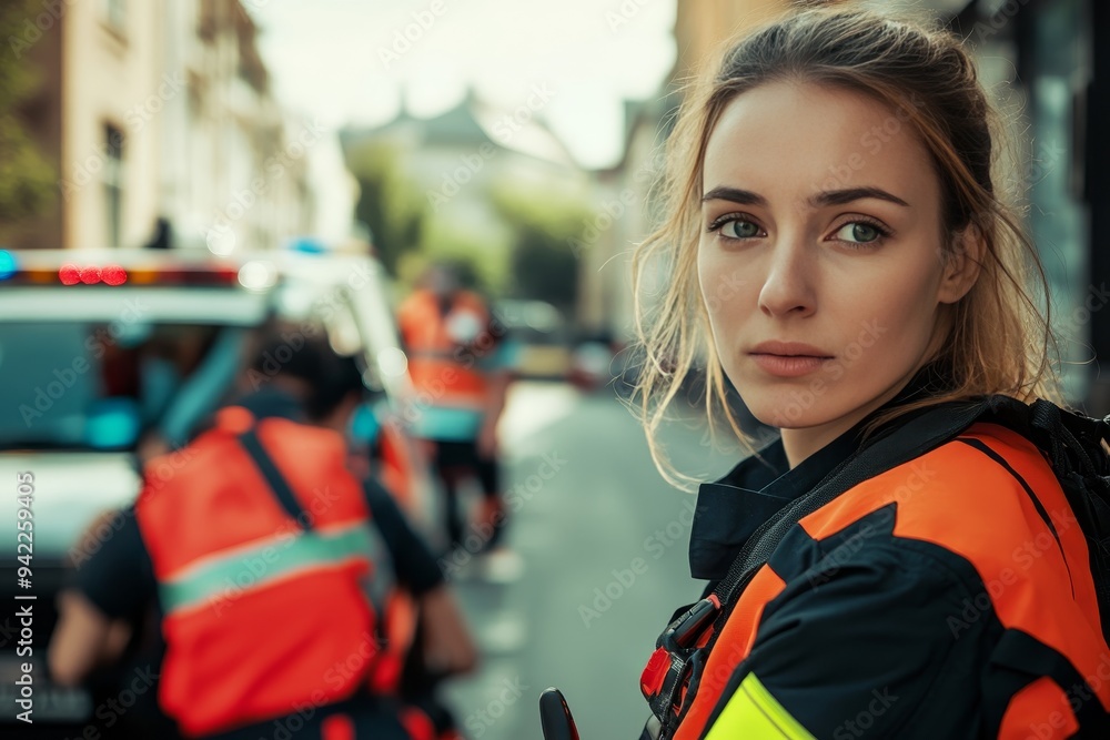 Paramedic woman in uniform assists accident victims on the street  emergency response in action