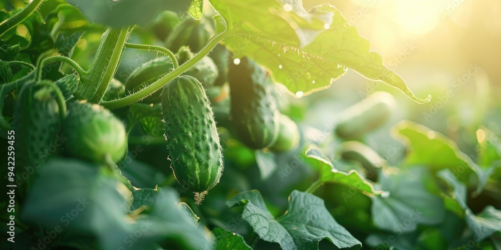 Organic Green Cucumbers Thriving in a Large Greenhouse Organic Green Cucumbers Thriving in a Large Greenhouse