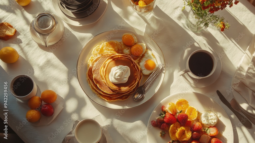 Aerial shot of a brunch table with pancakes, scrambled eggs, fresh fruit, and coffee, sunlight streaming Aerial shot of a brunch table with pancakes, scrambled eggs, fresh fruit, and coffee, sunlight streaming