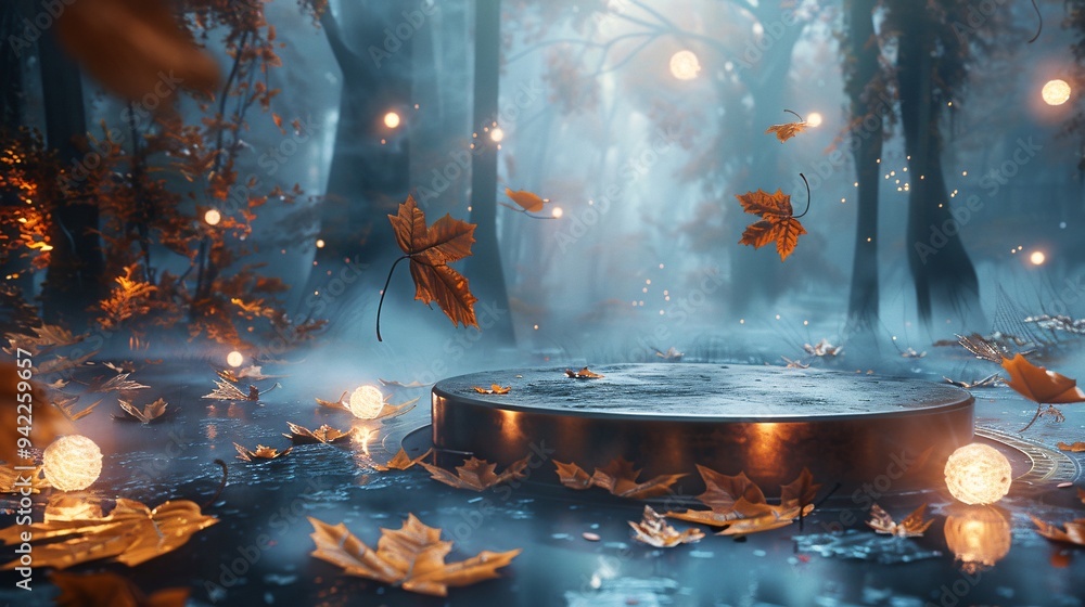 podium in the autumn magical forest at night podium in the autumn magical forest at night
