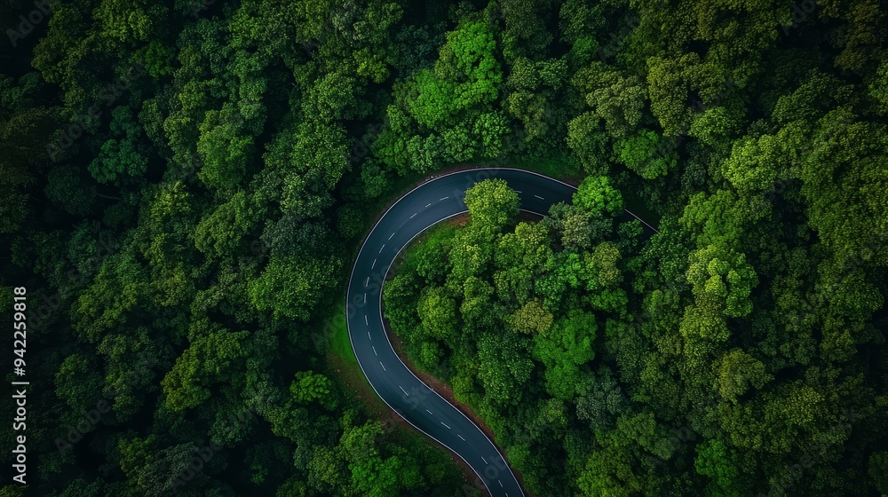 Aerial view of a scenic curved road winding through lush green forest during rainy season Aerial view of a scenic curved road winding through lush green forest during rainy season