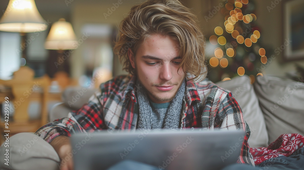 Young Man Relaxing Indoors with Tablet in Cozy Atmosphere Young Man Relaxing Indoors with Tablet in Cozy Atmosphere