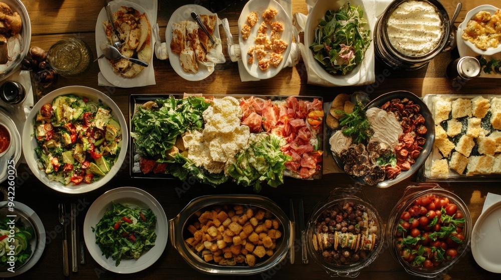 Aerial view of a buffet table with a variety of dishes, including salads, appetizers, and desserts Aerial view of a buffet table with a variety of dishes, including salads, appetizers, and desserts