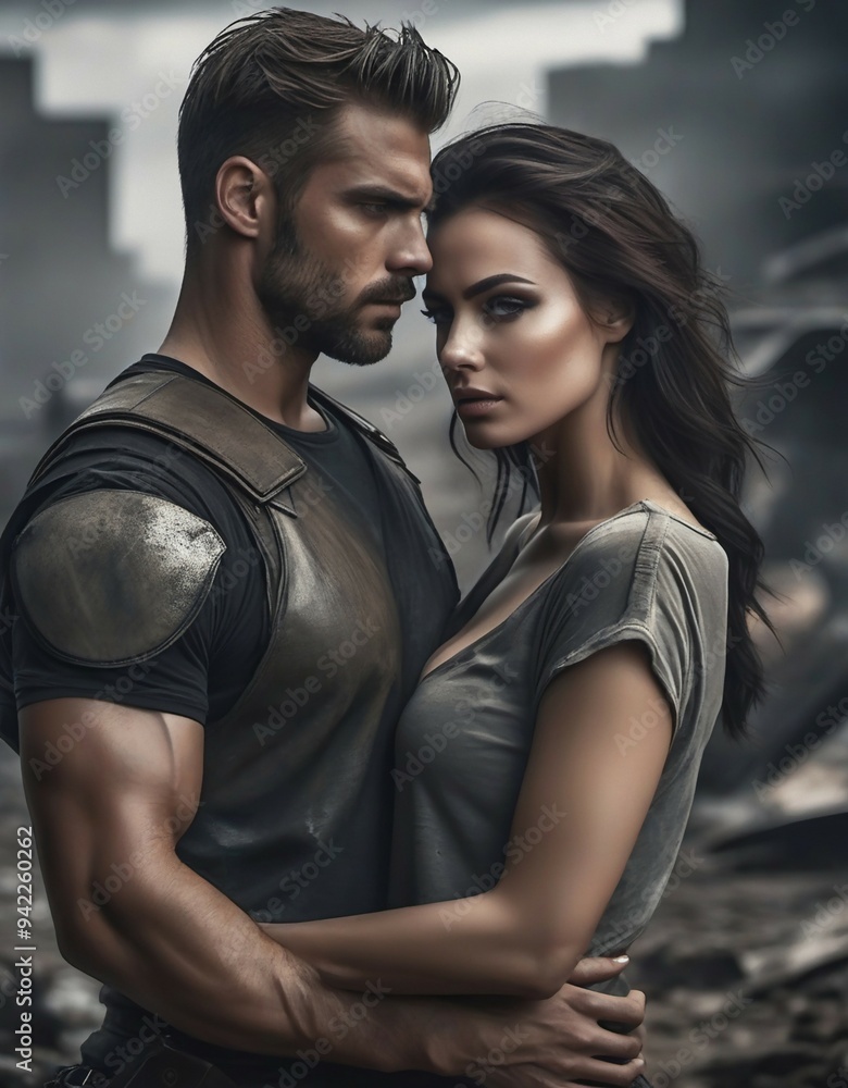 Dystopian couple embracing against desolate background Dystopian couple embracing against desolate background