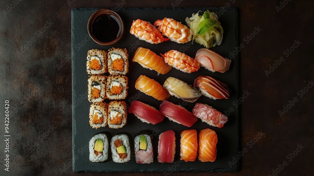 Aerial view of a sushi platter with a variety of fresh rolls, nigiri, and sashimi on a black slate plate Aerial view of a sushi platter with a variety of fresh rolls, nigiri, and sashimi on a black slate plate