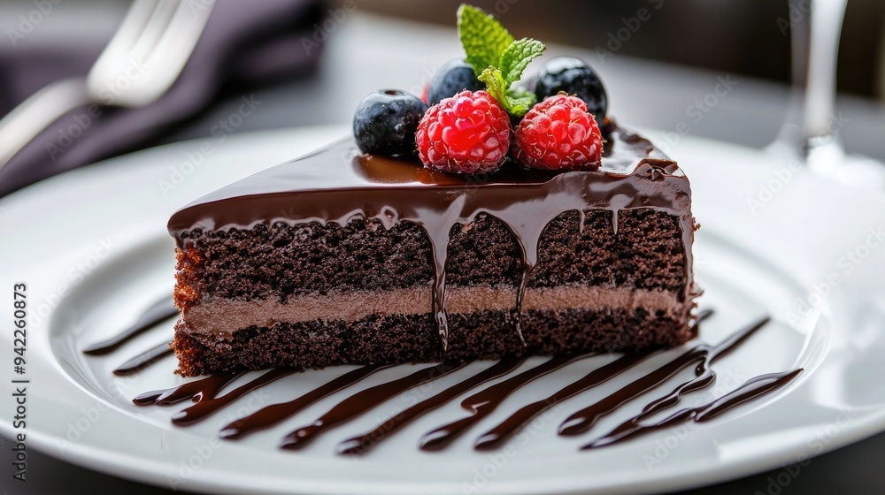 Close-up of a decadent chocolate cake slice on a white plate, with chocolate drizzle and a fresh berry garnish Close-up of a decadent chocolate cake slice on a white plate, with chocolate drizzle and a fresh berry garnish