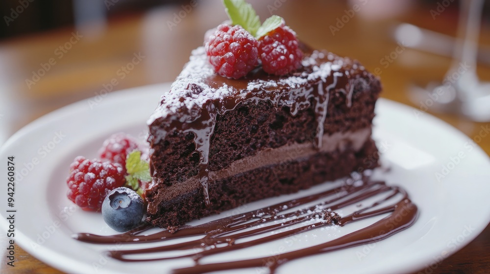 Close-up of a decadent chocolate cake slice on a white plate, with chocolate drizzle and a fresh berry garnish Close-up of a decadent chocolate cake slice on a white plate, with chocolate drizzle and a fresh berry garnish
