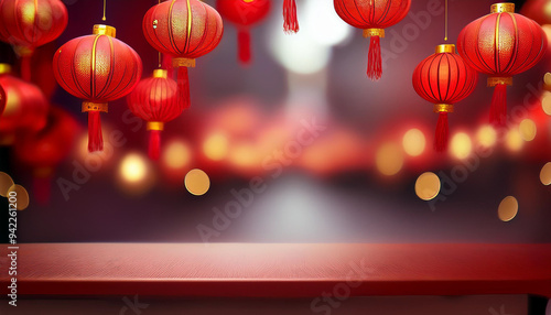 Chinese red lantern in the night of Chinese New Year of happiness, space for text 