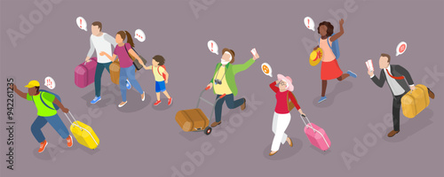 3D Isometric Flat Vector Illustration of Hurrying Tourists, Fast-Paced Visitors in a Hurry