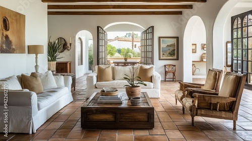 Mediterranean living room interior design, inviting atmosphere.