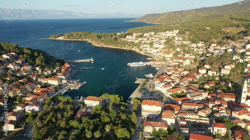 Jelsa, Hvar, Croatia - Aerial View Of The Harbor, Croatia. Stunning Drone Footage Of Jelsa Harbor On Hvar Island, Croatia, Capturing The Picturesque Riva And Beautiful Adriatic Coastline In Summer.
