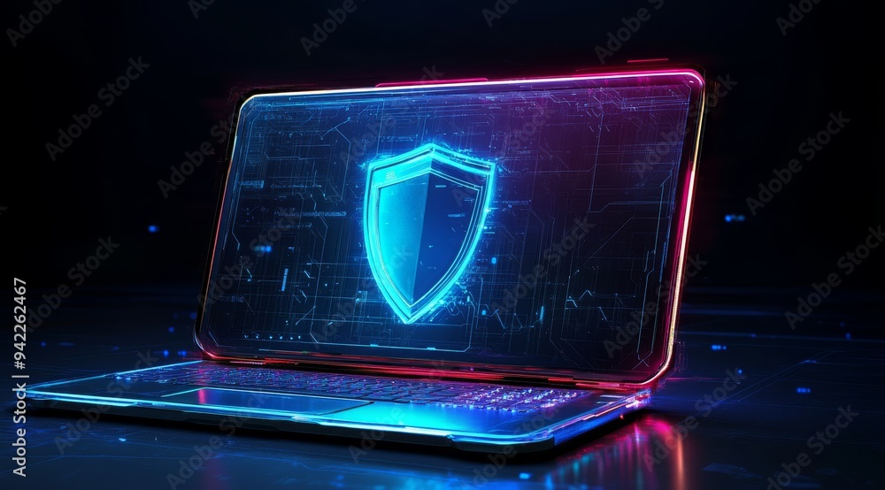 This abstract representation emphasizes cyber security, showcasing a futuristic laptop with a blue shield to highlight the essential need for digital protection in our technological world This abstract representation emphasizes cyber security, showcasing a futuristic laptop with a blue shield to highlight the essential need for digital protection in our technological world