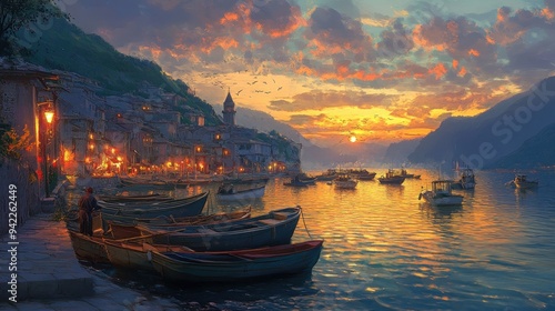 Wallpaper Mural A fishing village at dawn, with boats lined up along the shore and fishermen preparing for the day catch Torontodigital.ca