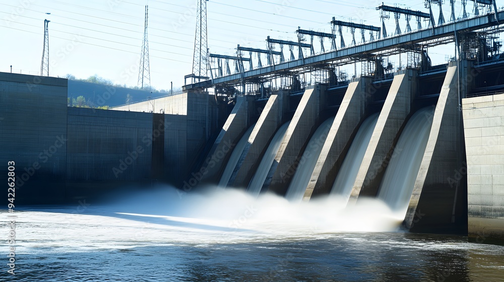 A large dam with water flowing over it. A large dam with water flowing over it.