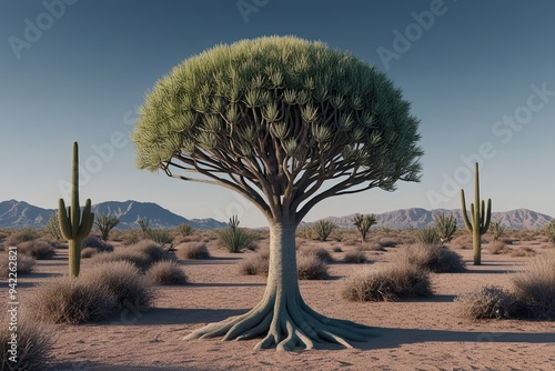 Exquisite 3D Portrayal of Flora: Isolated Larrea Cuneifolia Tree with Intricate Details in a Desert Adaptation Landscape photo