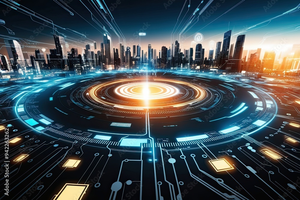 Fototapeta premium Modern Futuristic Digital Circuit City Background with Technology and Innovation