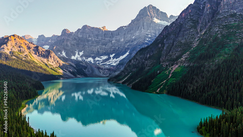 Rocky Mountains, Canada. Top cinematic aerial view. Chephren Lake, Jasper National Park, Alberta. 4K drone footage. Canadian wild nature and landscape from above