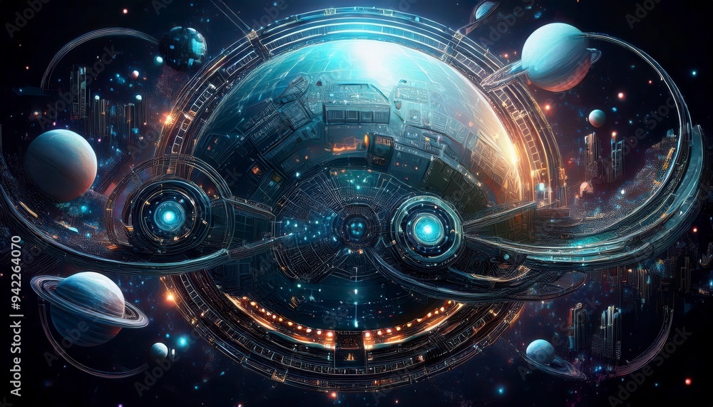 Futuristic planet system with exoplanets in space. Space-themed digital collage. Generated image Futuristic planet system with exoplanets in space. Space-themed digital collage. Generated image