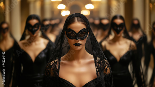 Elegant Woman in Mask Leads Procession at Masquerade Ball