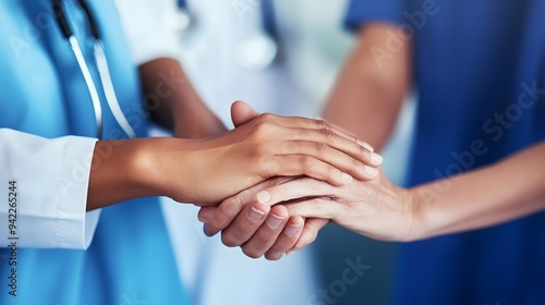 A doctor's hands gently hold a patient's hand.