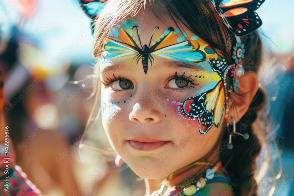 A young girl with vibrant butterfly design on her face, perfect for children's party or festival theme A young girl with vibrant butterfly design on her face, perfect for children's party or festival theme