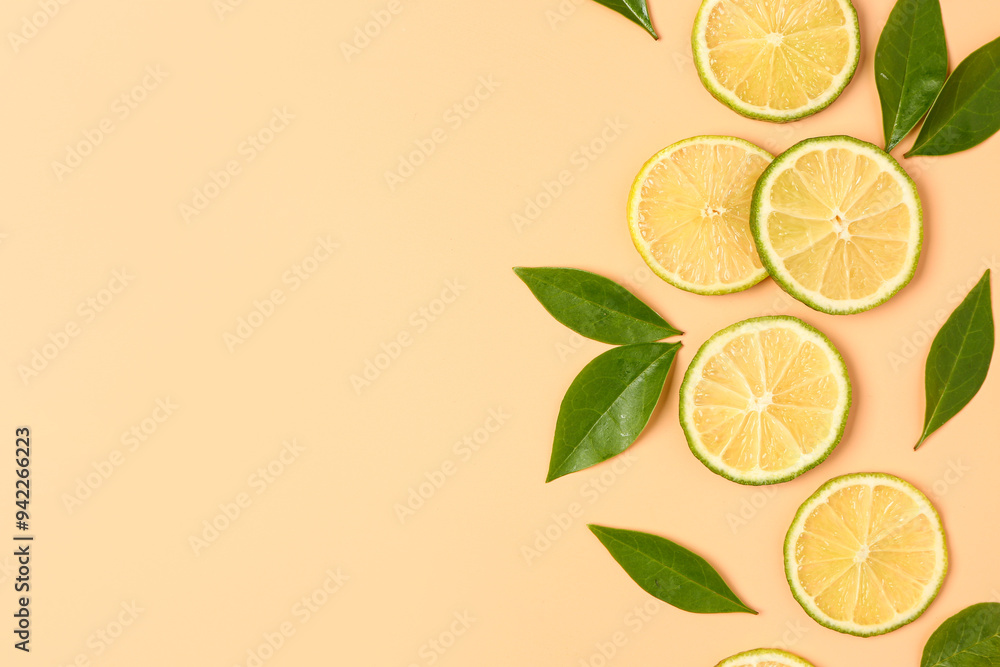 Slices of fresh lime with leaves on orange background Slices of fresh lime with leaves on orange background