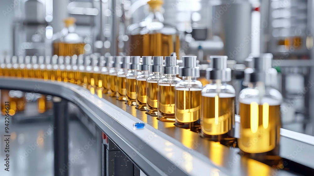 Rows of bottles filled with liquid move along a conveyor belt in a factory. Rows of bottles filled with liquid move along a conveyor belt in a factory.