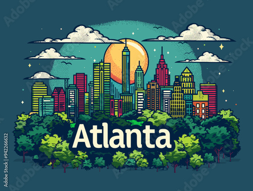 Atlanta (Georgia ) city, USA. Touristic Greeting Card, travel poster from Atlanta. Art Vector Illustration