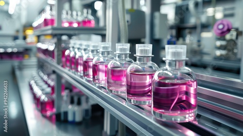 Close-up of pink liquid in glass bottles on a conveyor belt in a factory.