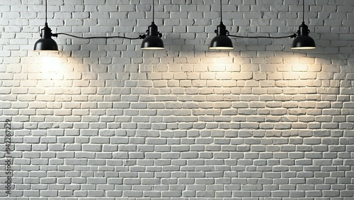 White brick wall with four black industrial lights hanging overhead.