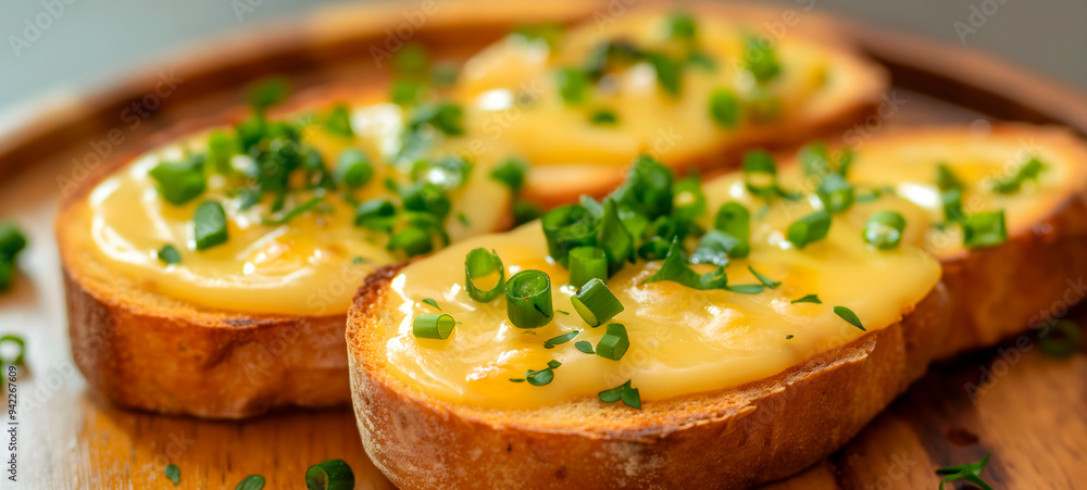two slices of toasted bread with melted cheese and chopped green onions on a wooden board, perfect for food blogs, menu design, and culinary promotions two slices of toasted bread with melted cheese and chopped green onions on a wooden board, perfect for food blogs, menu design, and culinary promotions