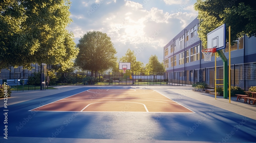 A schoolyard featuring a basketball court and the exterior of a school building, captured in the warm light of a sunny evening. The school yard also includes a playground area. A schoolyard featuring a basketball court and the exterior of a school building, captured in the warm light of a sunny evening. The school yard also includes a playground area.