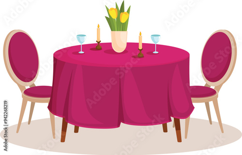 Round table set for romantic dinner date with burning candles and flower bouquet in vase