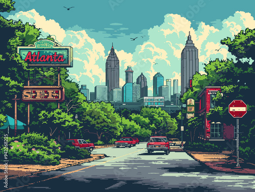 Atlanta (Georgia ) city, USA. Touristic Greeting Card, travel poster from Atlanta. Art Vector Illustration