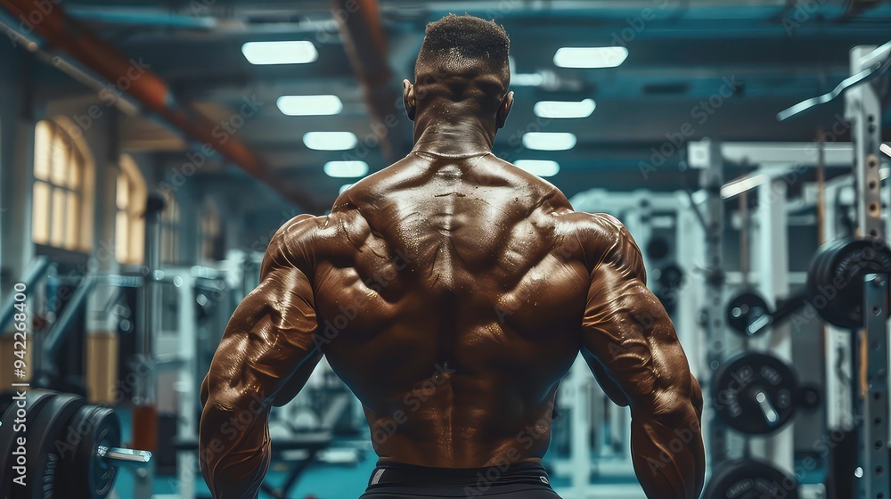 Muscular man with a defined back poses in a gym. Muscular man with a defined back poses in a gym.